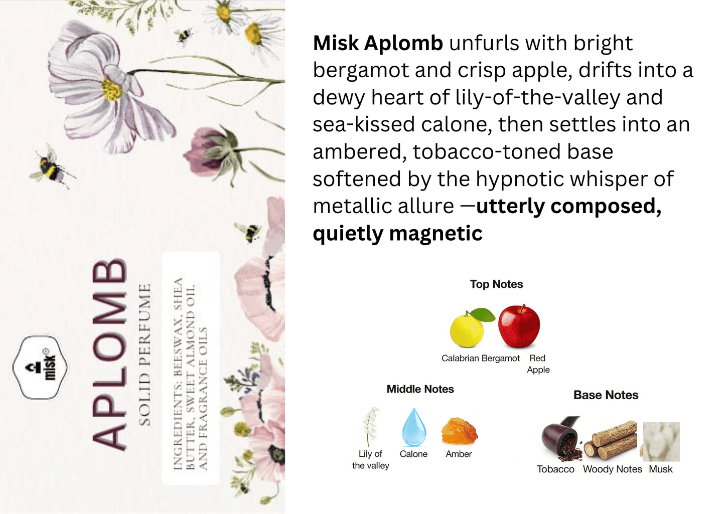 Aplomb Solid Perfume - Long-lasting Floral & Woody Blend - misk