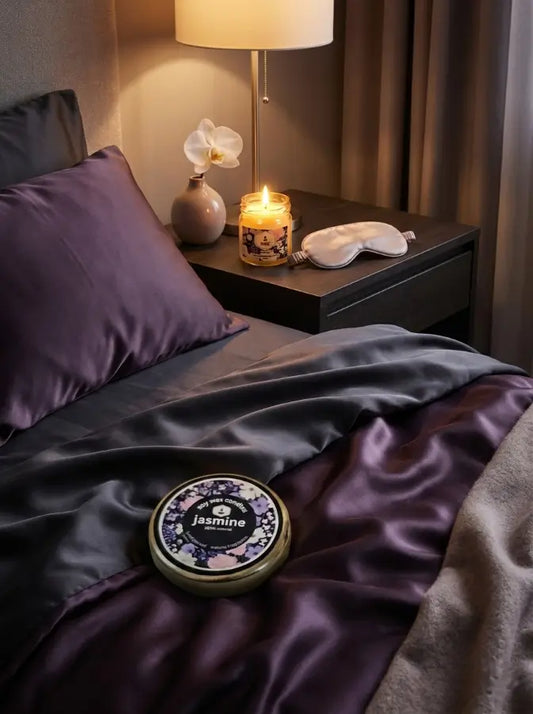 A lit jar of misk Jasmine candle on a nightstand beside an eye mask. The lid of the candle labelled "Jasmine" is on the bed.