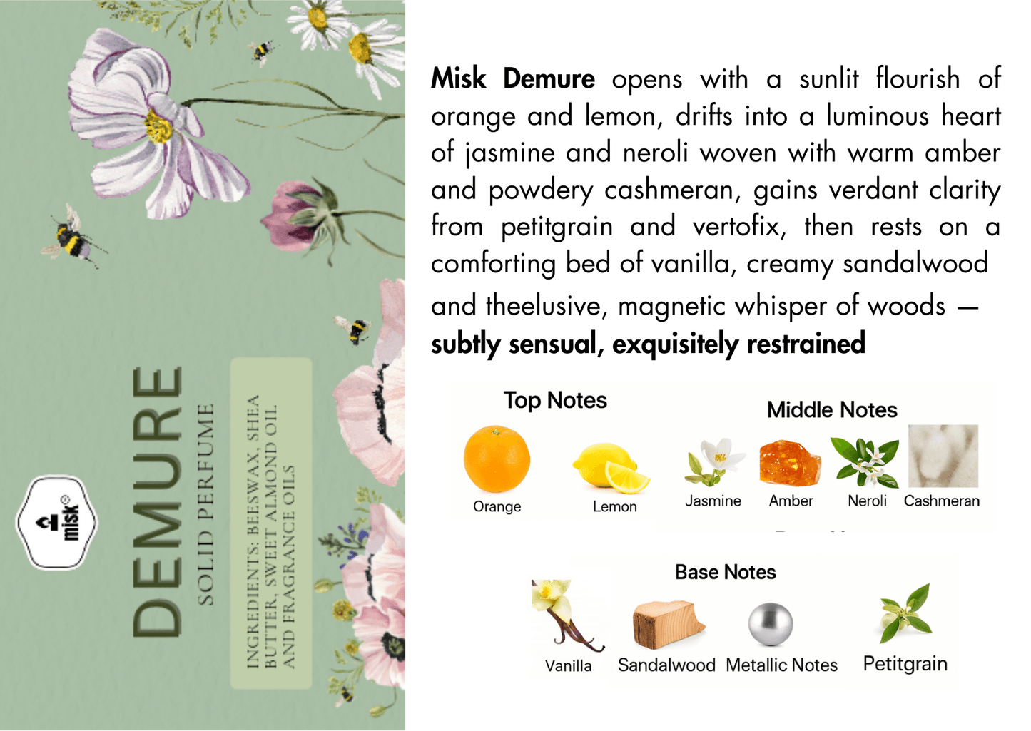 Demure Solid Perfume - Radiant Citrus & Velvety Woods - misk