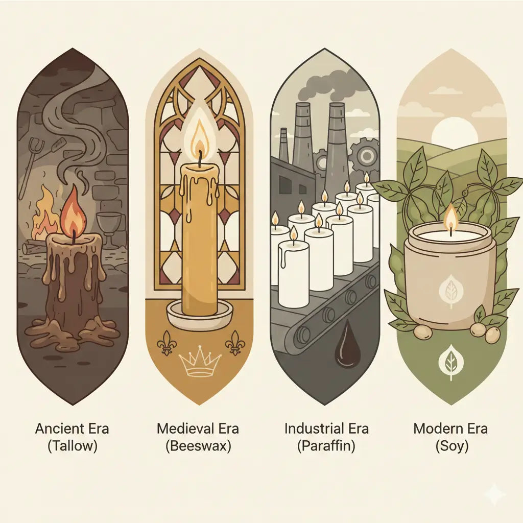 The evolution of candle wax through history - from ancient tallow to medieval beeswax, industrial paraffin, and modern eco-friendly soy wax