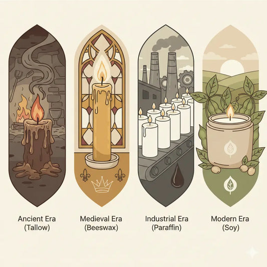 The evolution of candle wax through history - from ancient tallow to medieval beeswax, industrial paraffin, and modern eco-friendly soy wax
