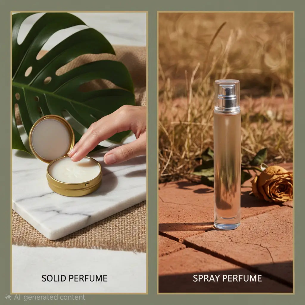 Comparison of solid perfume and spray perfume for Indian climate showing portability and longevity benefits