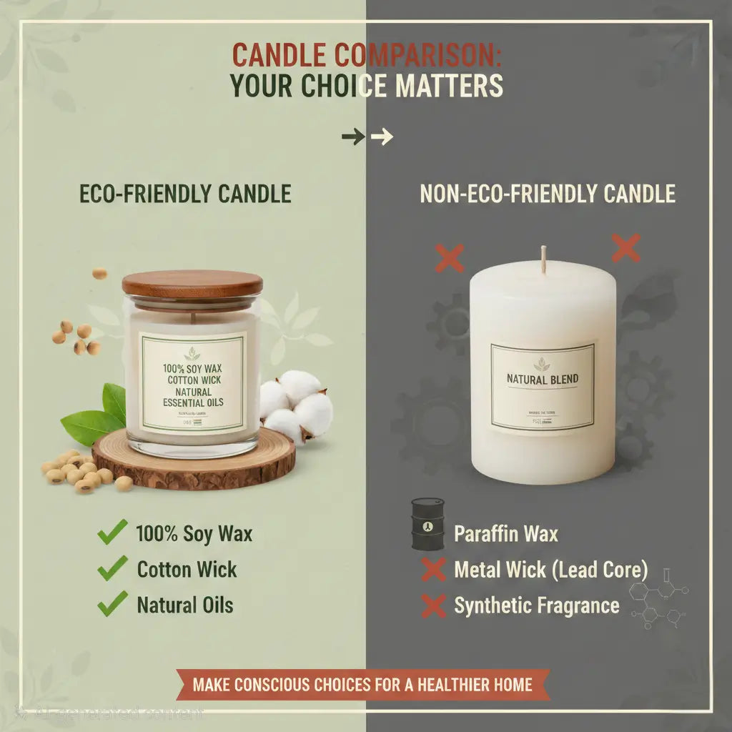 Comparison of eco-friendly soy wax candle versus paraffin candle showing natural ingredients and sustainable packaging