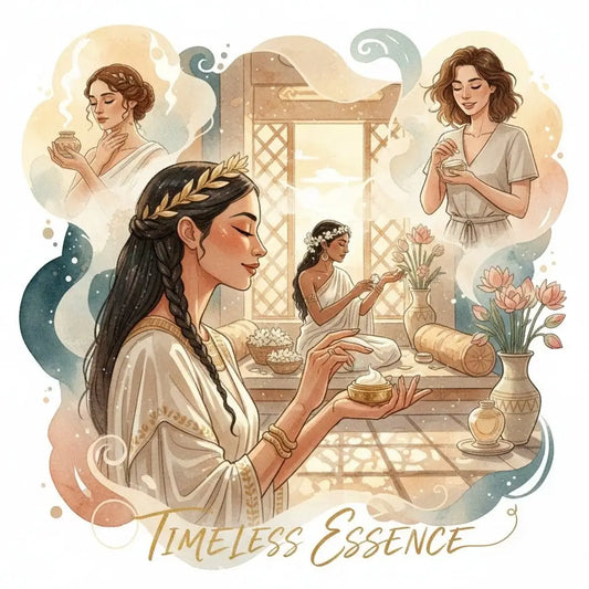 Ancient Egyptian woman applying solid perfume in a luxurious setting, with ethereal scenes of women through history using natural fragrance - from Roman bathhouses to modern times - illustrating the timeless tradition of solid perfume across 4,000 years