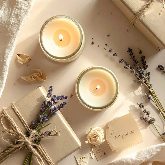 Natural soy candles arranged as gifts with eco-friendly jute wrapping and dried lavender for Indian occasions