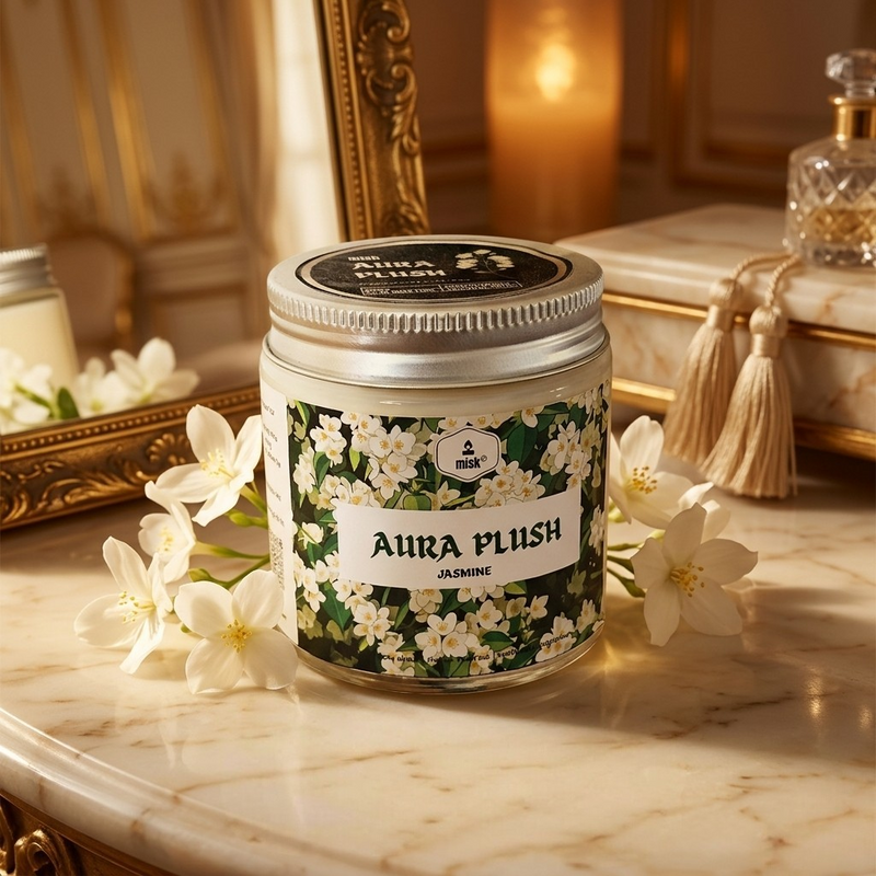 Aura Plush candle on a marble surface with jasmine flowers