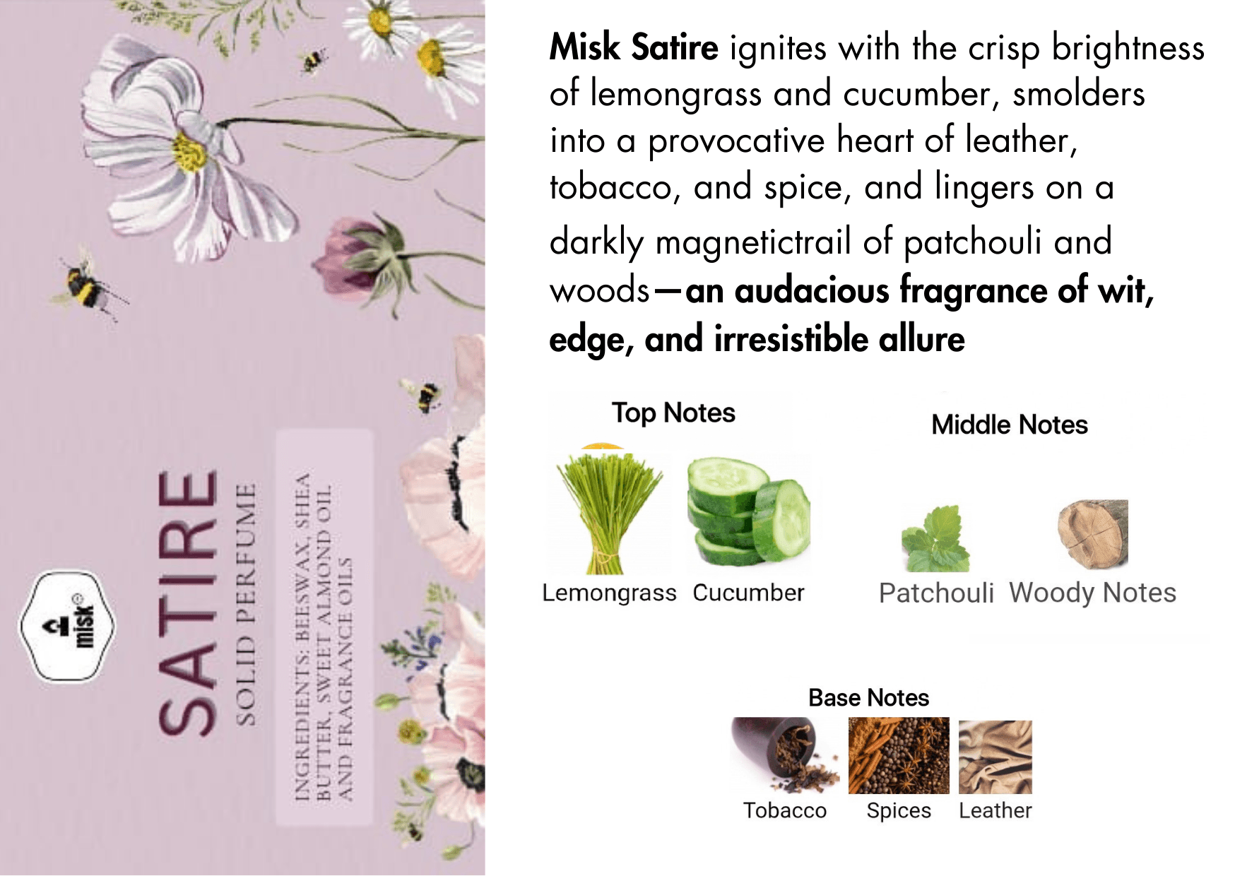 Satire Solid Perfume - Crisp Greens, Smoldering Woods & Fresh Citruses - misk