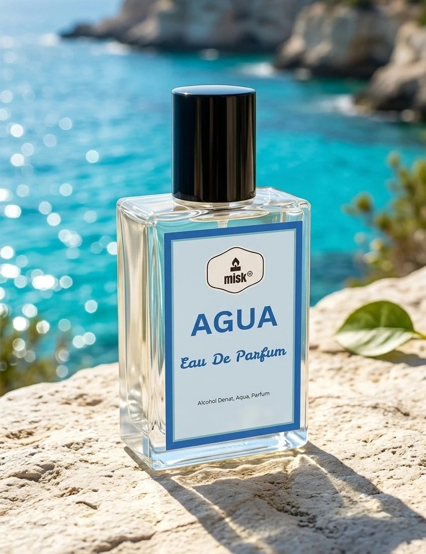 A clear rectangular perfume bottle labeled 'AGUA Eau De Parfum' with a black cap, placed on a sunlit stone surface with a turquoise ocean and rocky coastline in the background.