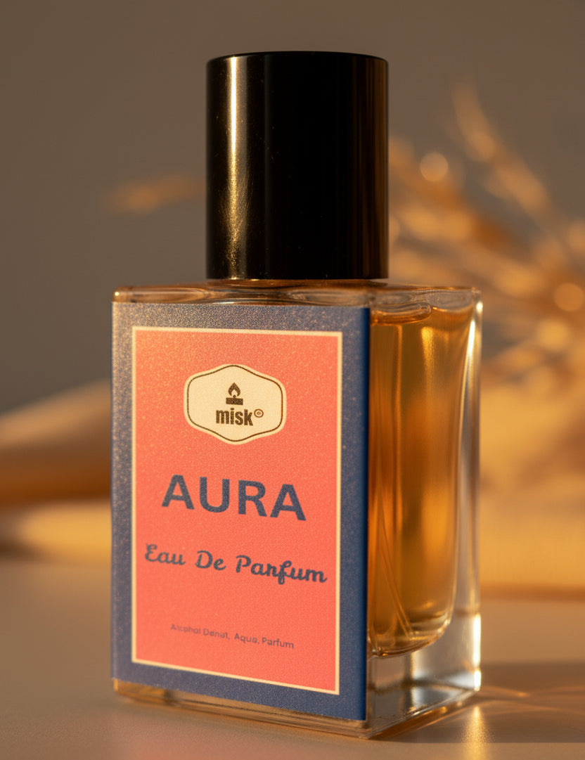 Perfume bottle with pink label and black cap on a white background