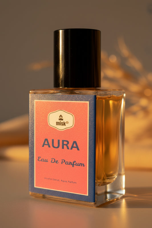 Perfume bottle with pink label and black cap on a white background