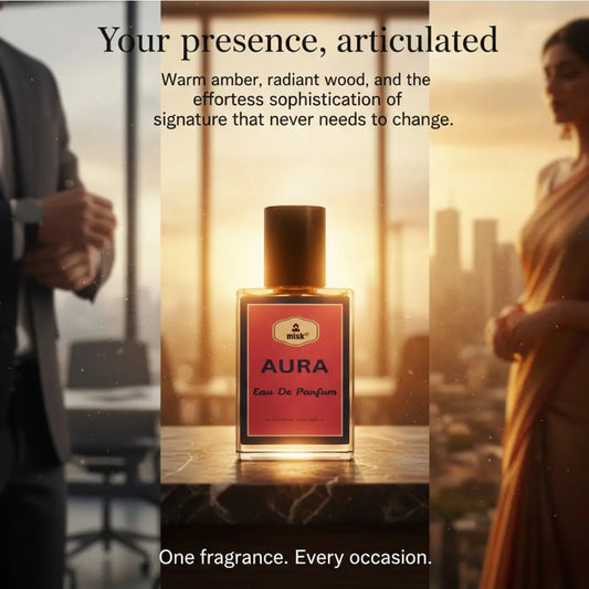 Aura perfume bottle with a blurred cityscape and people in the background