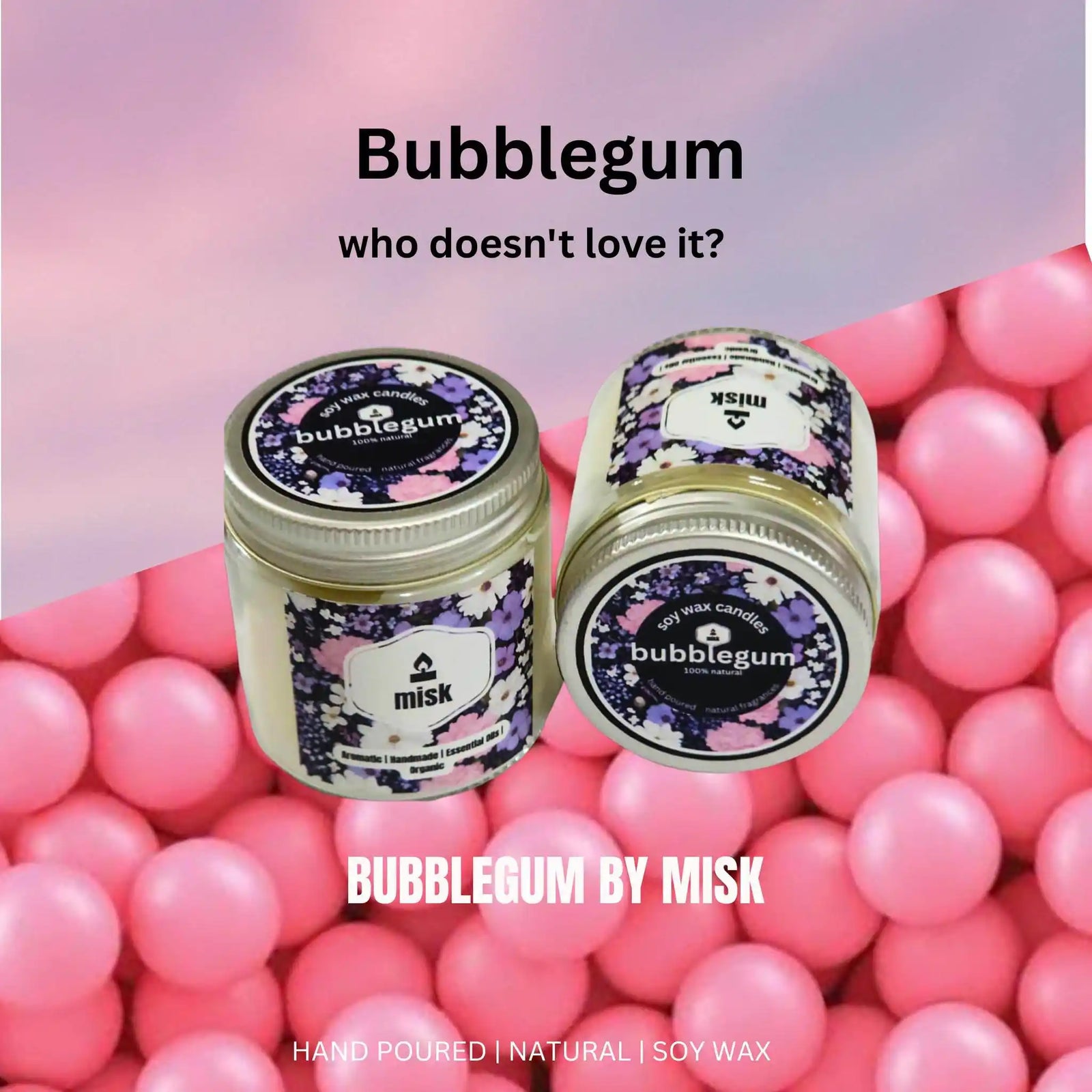 Two jars of 'Bubblegum' scented candle by Misk on a background of pink candy.