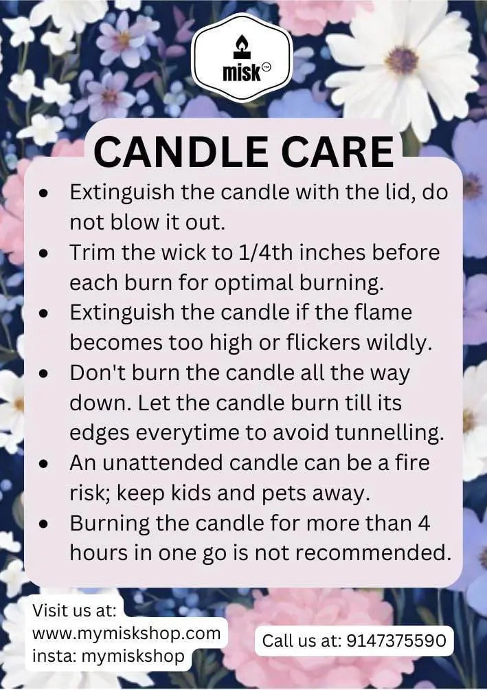 Candle care instructions with a floral background and Misk logo.