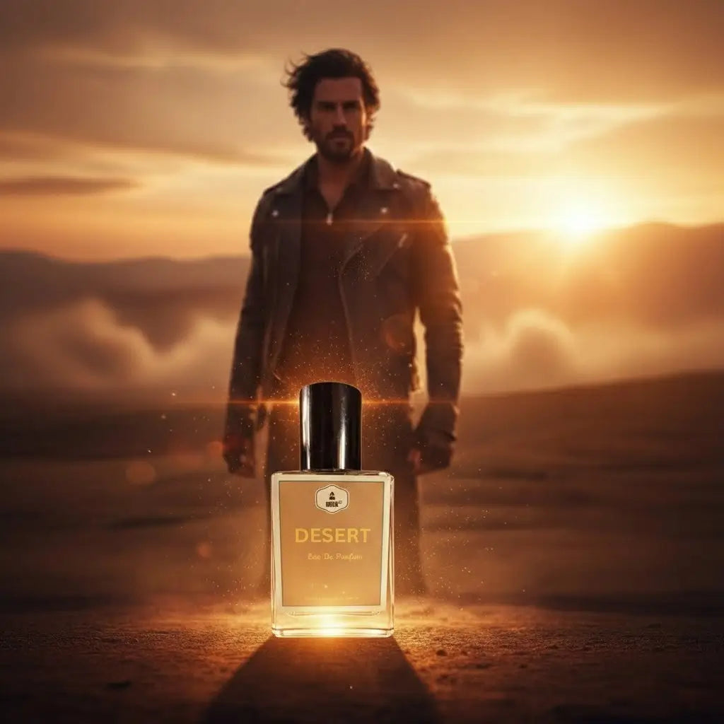 A rugged man in leather jacket and pants standing in a desert with a 'Desert' 30ml perfume bottle in the foreground 