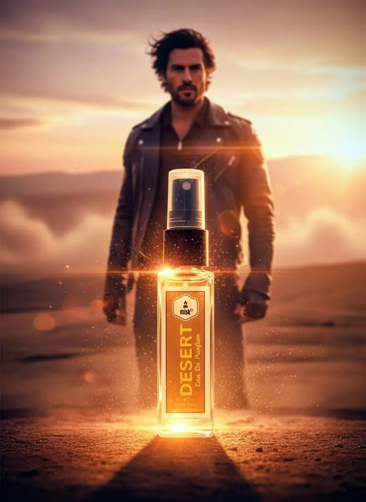 A perfume bottle labeled 'Desert' against a desert landscape with a rugged man in the background