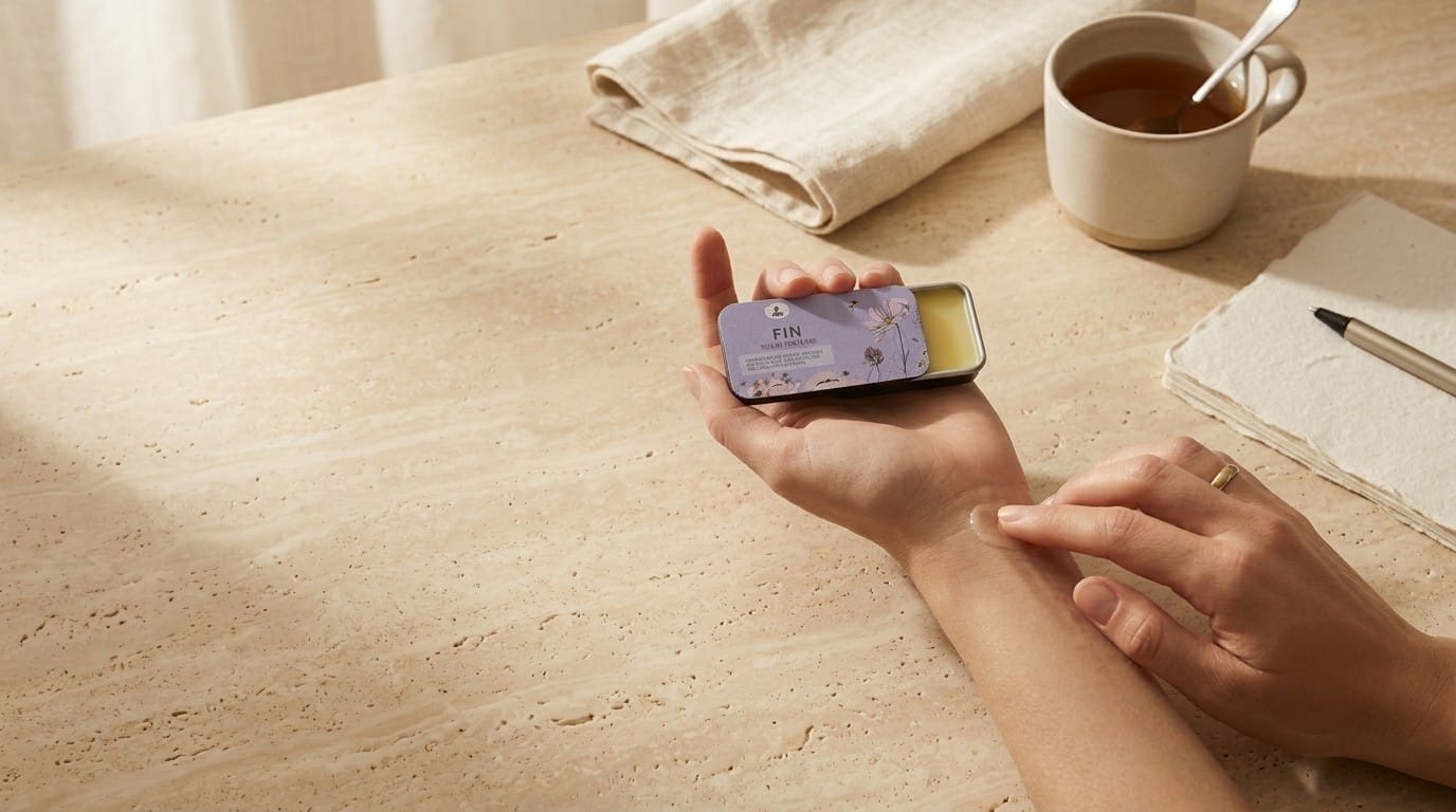 A person holds a Fin solid perfume applying a layer over their wrist, rested over a beige stone tabletop, folded cloth, cup of tea, and notebook in the background.