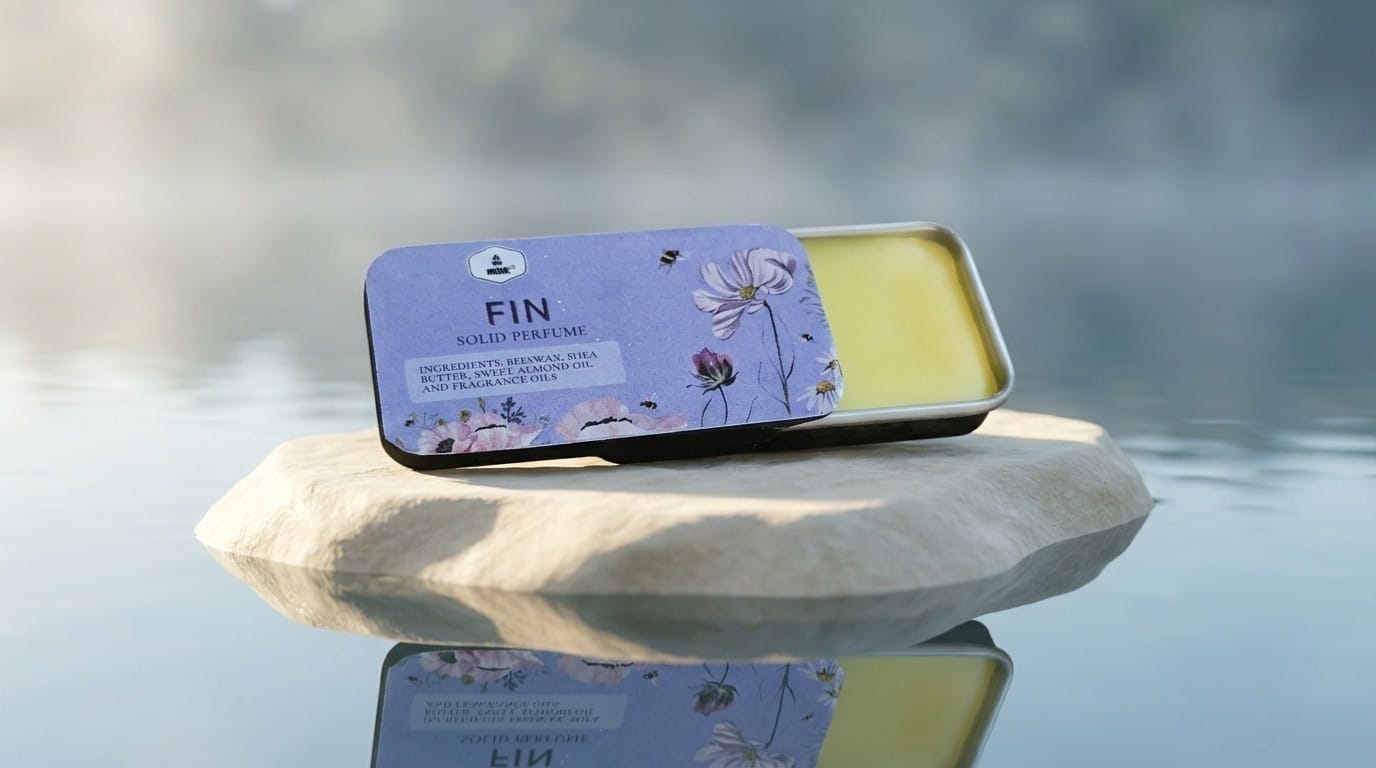 A rectangular tin of FIN Solid Perfume with a lavender floral label sits open on a smooth stone, showing a pale yellow wax inside, with a misty water scene in the background.