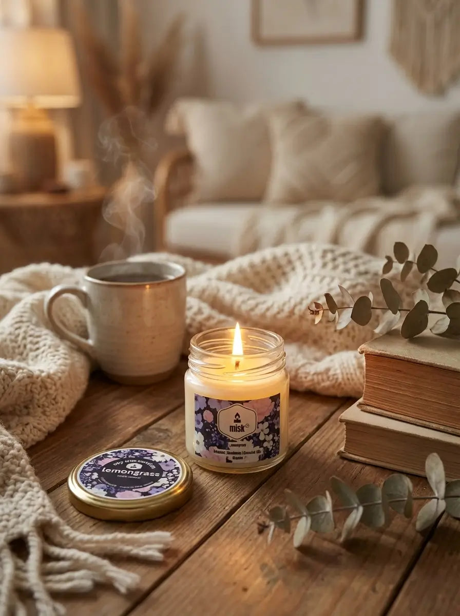 A lit Lemongrass candle with floral misk label on a wooden table in a cozy living room setting.