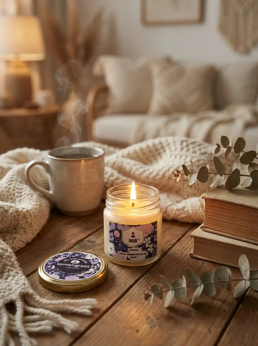 A lit Lemongrass candle with floral misk label on a wooden table in a cozy living room setting.