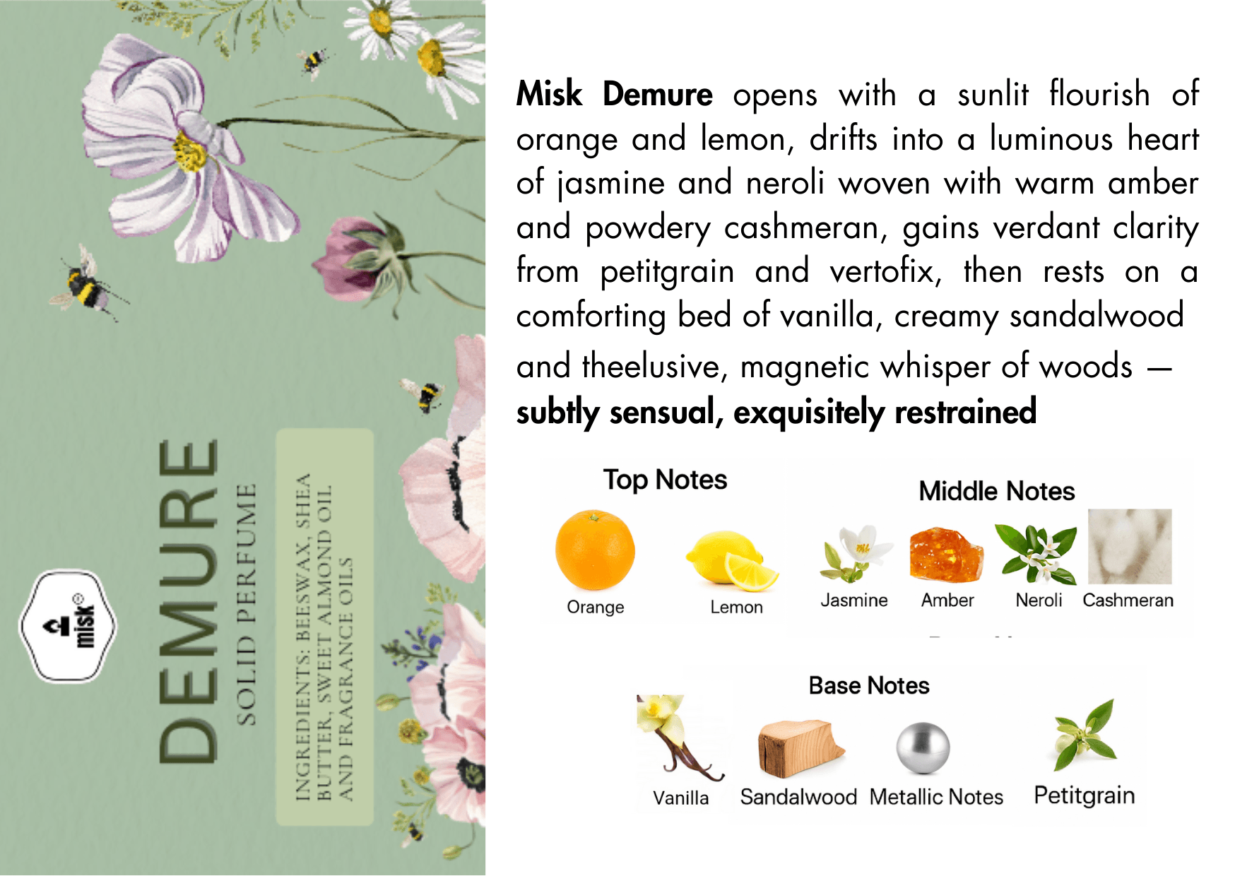 Demure Solid Perfume - Radiant Citrus & Velvety Woods - misk