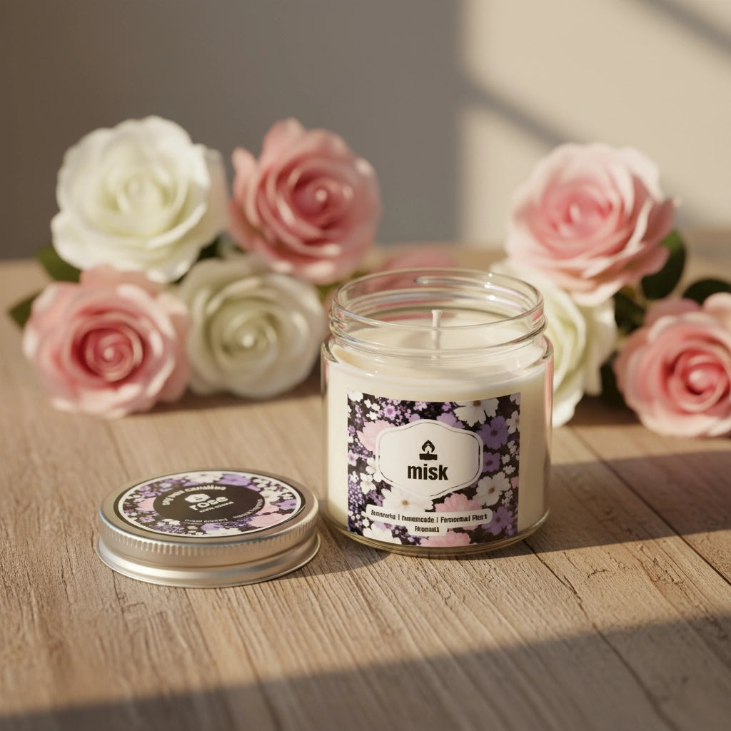 Rose candle with floral label and lid on a wooden surface with roses in the background