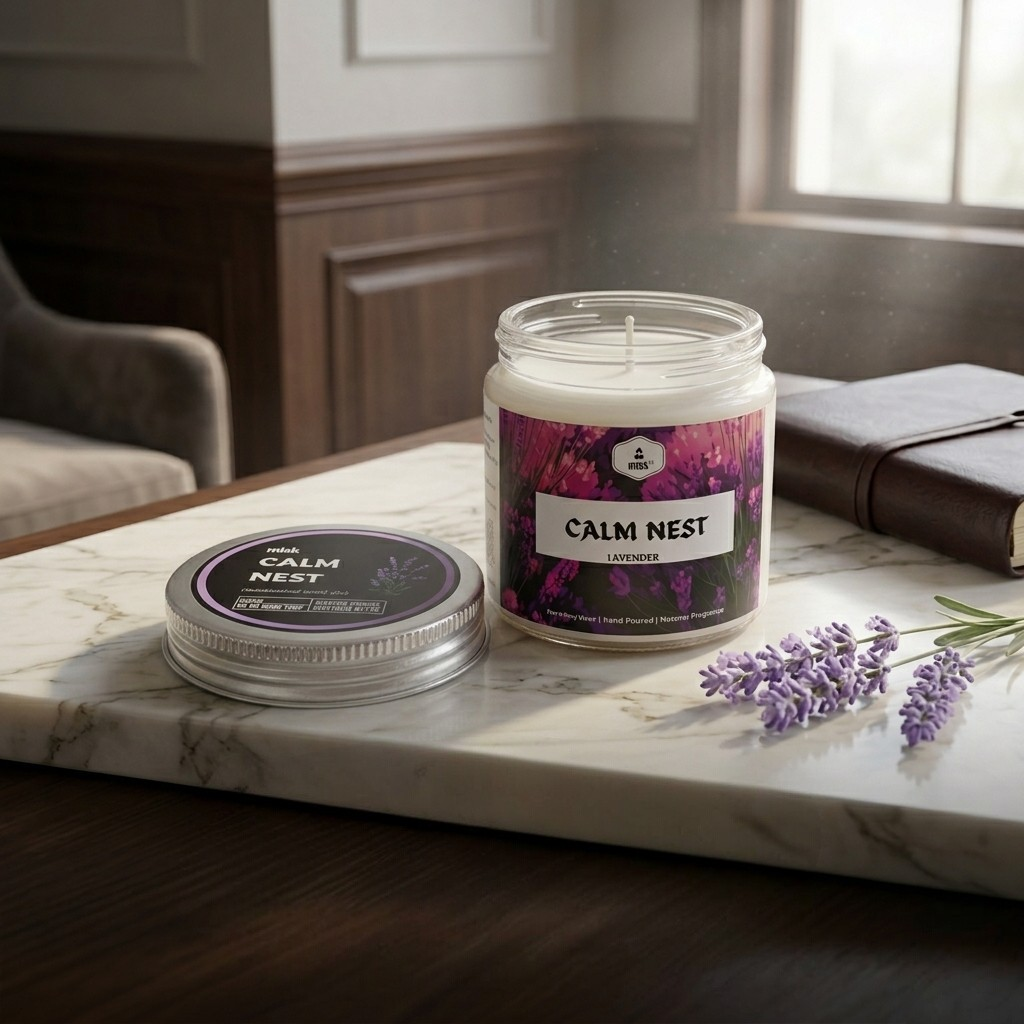 Candle labeled 'Calm Nest' on a marble surface with lavender flowers and a notebook.