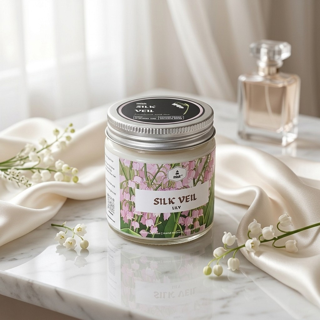 Silk Veil candle on a marble surface with flowers and a perfume bottle in the background