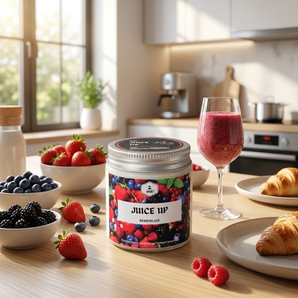 Soy wax candle 'Juice Up' with berries on a kitchen counter with a smoothie and croissant.