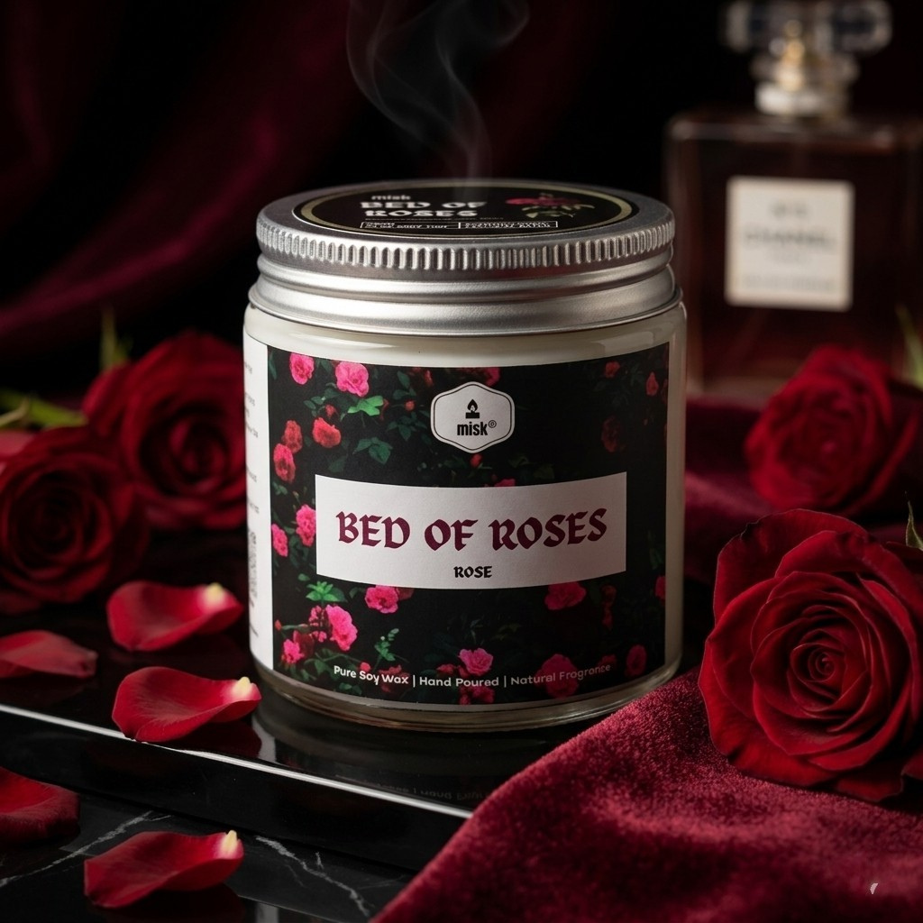 Candle jar labeled 'Bed of Roses' surrounded by red roses and a dark background