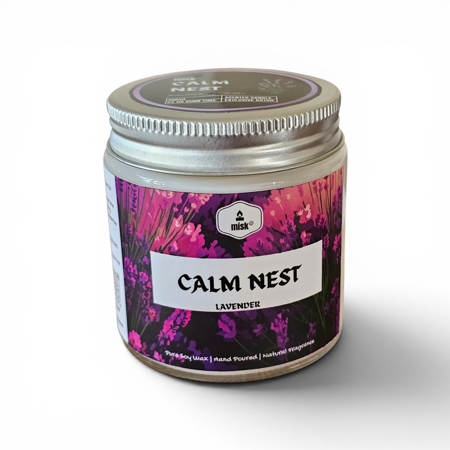 Candle jar labeled 'Calm Nest' with a purple floral design on a white background
